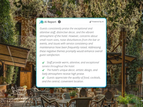 Outdoor hotel courtyard with metal tables and chairs and a floating AI Report dialog summarizing guest feedback about staff, decor, and service.