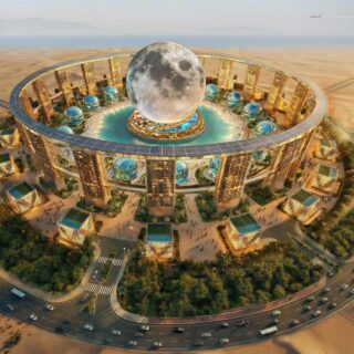 Futuristic circular city in the desert with a giant Moon sculpture at the center and glass-domed pavilions.