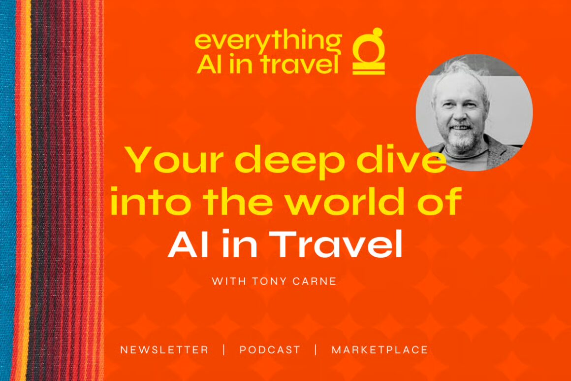 Promotional banner for AI in Travel with Tony Carne; orange background, striped left edge, and circular photo of the host.