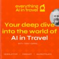 Promotional banner for AI in Travel with Tony Carne; orange background, striped left edge, and circular photo of the host.