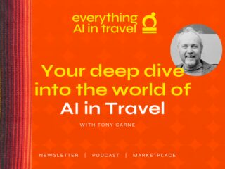 Promotional banner for AI in Travel with Tony Carne; orange background, striped left edge, and circular photo of the host.