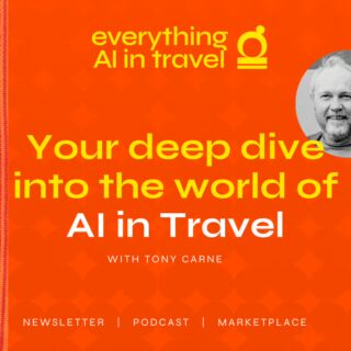 Promotional banner for AI in Travel with Tony Carne; orange background, striped left edge, and circular photo of the host.