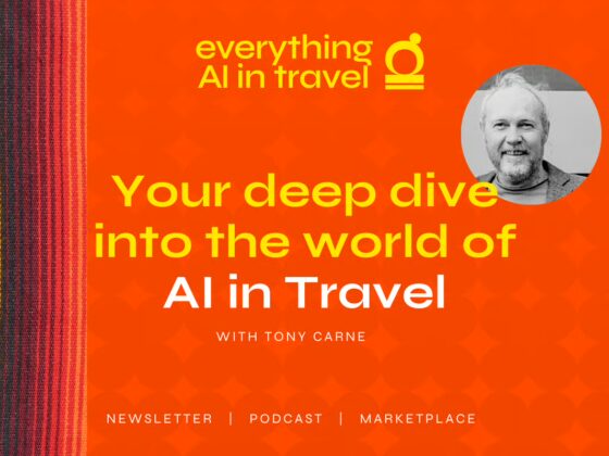 Promotional banner for AI in Travel with Tony Carne; orange background, striped left edge, and circular photo of the host.
