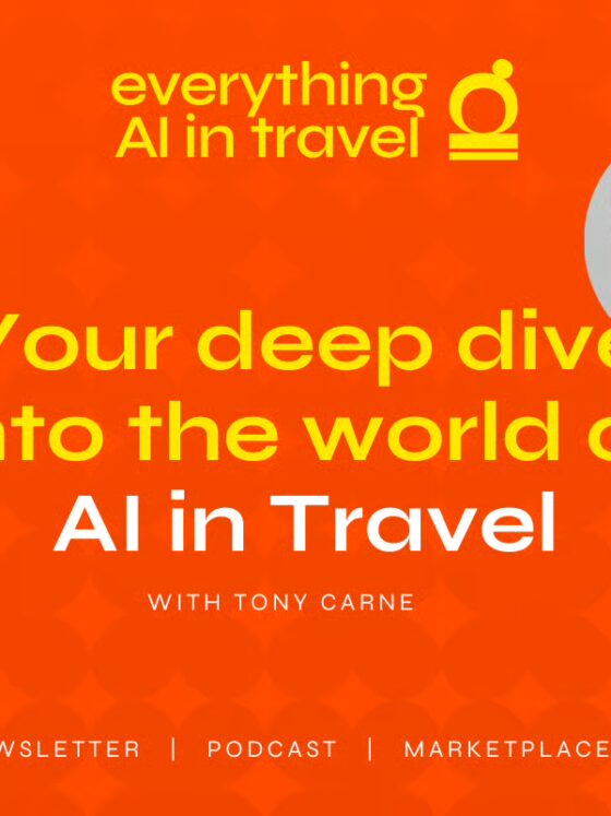 Promotional banner for AI in Travel with Tony Carne; orange background, striped left edge, and circular photo of the host.