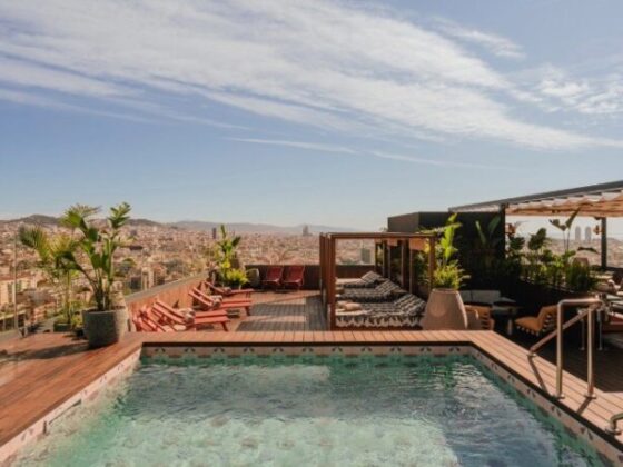 Rooftop pool on a wooden deck with lounge chairs, planters, and a shaded seating area overlooking a city skyline.