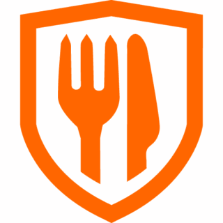Orange shield emblem featuring a fork and knife, symbolizing food safety or dining protection