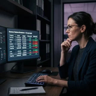Businesswoman in glasses reviews financial data on two monitors displaying charts and a table in a dim office environment.