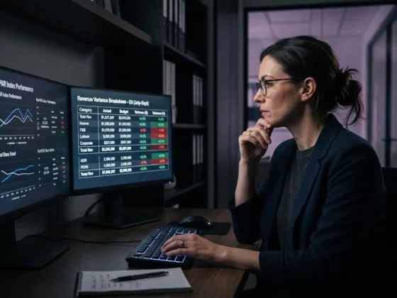 Businesswoman in glasses reviews financial data on two monitors displaying charts and a table in a dim office environment.