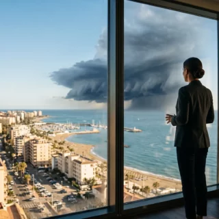 Businesswoman standing by floor-to-ceiling windows, gazing at a coastal city as dark storm clouds approach.