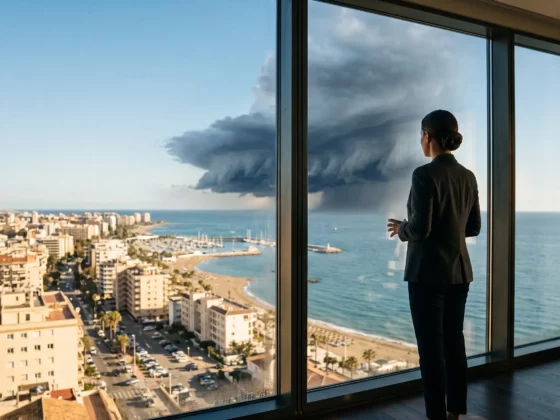 Businesswoman standing by floor-to-ceiling windows, gazing at a coastal city as dark storm clouds approach.