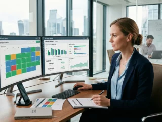 Businesswoman seated at a desk in a glass-walled office, looking at two curved computer monitors displaying charts and dashboards.