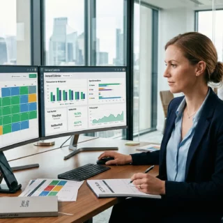 Businesswoman seated at a desk in a glass-walled office, looking at two curved computer monitors displaying charts and dashboards.