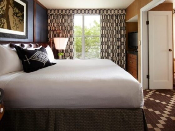 Hotel room featuring a large white bed with a dark headboard, patterned curtains, a bedside lamp, window view, dresser with a TV, and an open door.