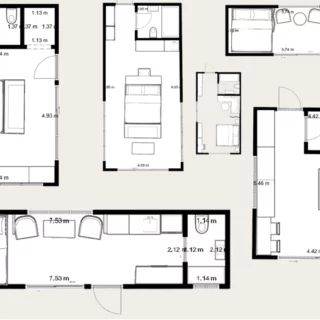 Floor plan of a multi-room residence showing bedrooms, bathrooms, and hallways with labeled measurements.