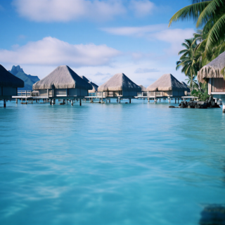 Overwater bungalows with thatched roofs on stilts over turquoise water under a blue sky, palm trees to the right.