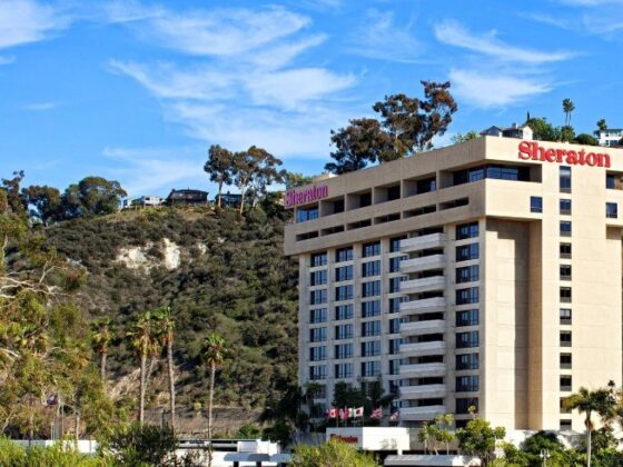 Sheraton hotel building on a hillside under a blue sky with palm trees in foreground