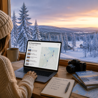 Person in a knit hat and sweater works on a laptop by a snowy window, planning an AI travel itinerary on screen