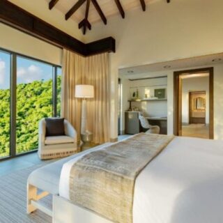 Bright hotel bedroom with a large floor-to-ceiling window overlooking green trees, a bed with white linens and a beige throw, and a seating area with a chair and lamp.