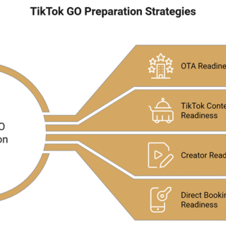 Infographic: TikTok GO Preparation with four pillars—OTA Readiness, TikTok Content Readiness, Creator Readiness, Direct Booking Readiness (numbers 1–4)