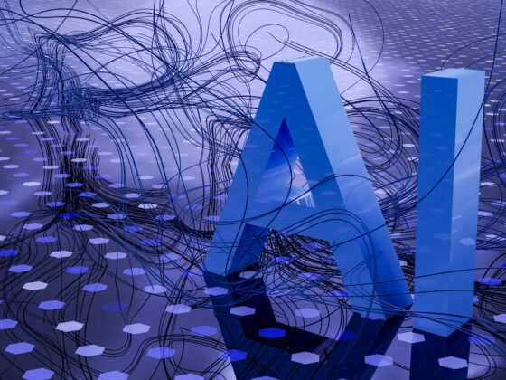 Abstract blue geometric forms with tangled black lines over a dotted blue background, suggesting network complexity and connectivity.