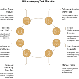 Infographic of AI housekeeping task allocation showing eight tasks around a circle (prioritize queues, balance workloads, reassign tasks, route maintenance defects, coordinate guest requests, manual tasks, forecast operating supplies, synchronize room status).