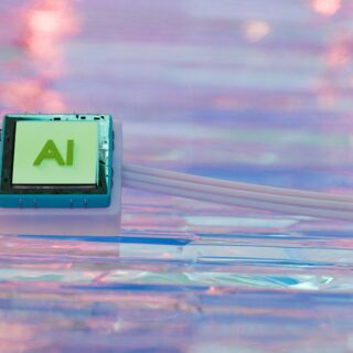 Circuit module with a green AI label mounted on a blue housing, set against a pastel sky background.