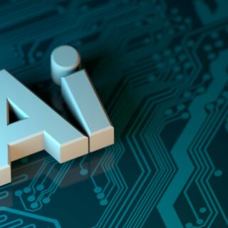 3D white letters AI set against a blue circuit-board background signaling artificial intelligence