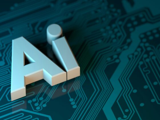 3D white letters AI set against a blue circuit-board background signaling artificial intelligence