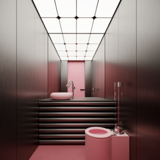 Futuristic pink bathroom with a round pink sink on a black ribbed platform, pink toilet, metallic walls, and a geometric grid ceiling.