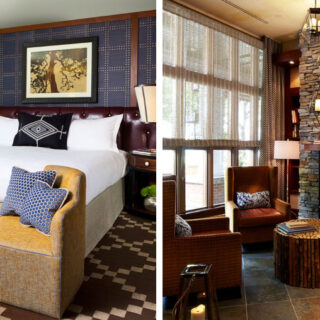Split view of a hotel suite: left shows a king bed with mustard benches and blue cushions; right shows a stone fireplace lounge with wicker chairs and a round mirror.
