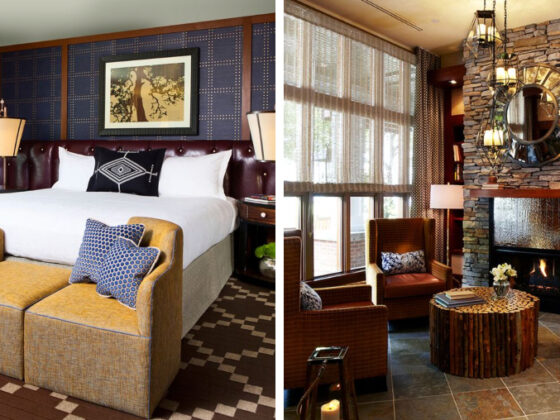 Split view of a hotel suite: left shows a king bed with mustard benches and blue cushions; right shows a stone fireplace lounge with wicker chairs and a round mirror.