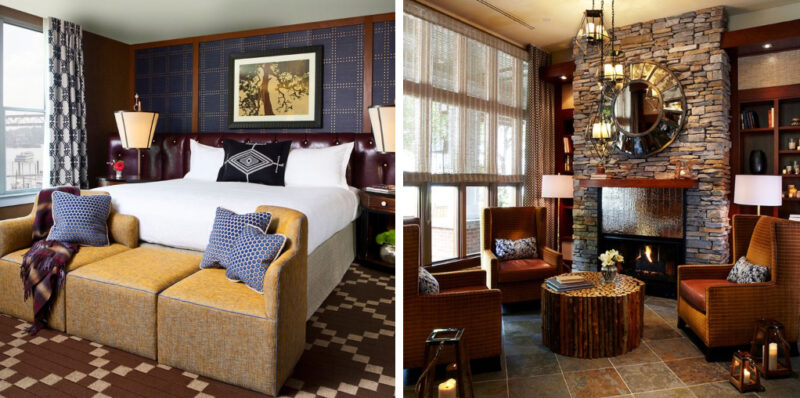 Split view of a hotel suite: left shows a king bed with mustard benches and blue cushions; right shows a stone fireplace lounge with wicker chairs and a round mirror.
