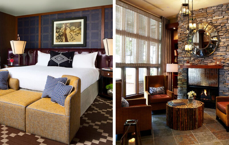 Split view of a hotel suite: left shows a king bed with mustard benches and blue cushions; right shows a stone fireplace lounge with wicker chairs and a round mirror.