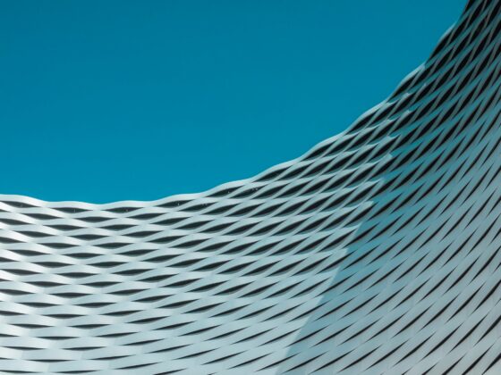 Blue sky above a curved, woven metal facade of a modern building.