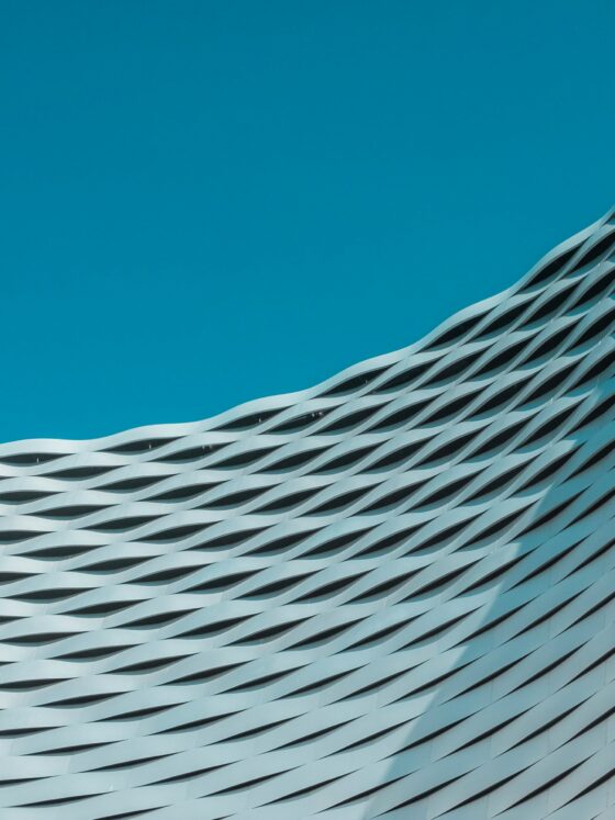 Blue sky above a curved, woven metal facade of a modern building.
