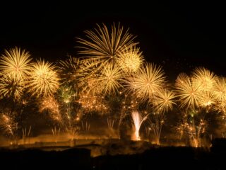 Golden fireworks erupt across a dark night sky over a silhouetted cityscape.