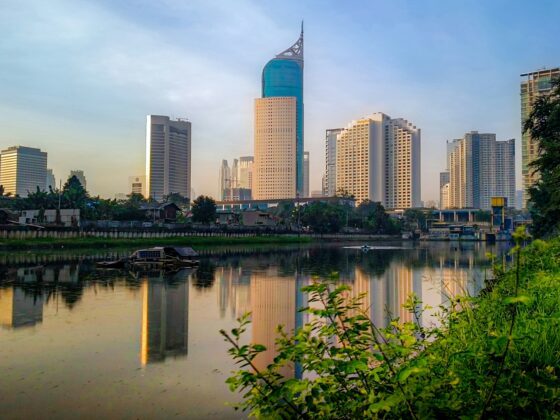 City skyline with tall blue glass skyscraper and other modern buildings along a river, reflecting in calm water; foreground greenery and trees frame the scene.