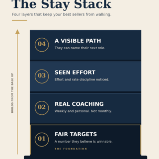 Infographic titled The Stay Stack with four stacked dark blue panels reading 04 A Visible Path, 03 Seen Effort, 02 Real Coaching, 01 Fair Targets (The Foundation), built from the base up with a left vertical axis and caption 'Revenue follows clarity' at the bottom, by Muhammad Tanveer.