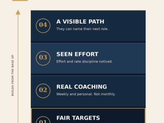 Infographic titled The Stay Stack with four stacked dark blue panels reading 04 A Visible Path, 03 Seen Effort, 02 Real Coaching, 01 Fair Targets (The Foundation), built from the base up with a left vertical axis and caption 'Revenue follows clarity' at the bottom, by Muhammad Tanveer.