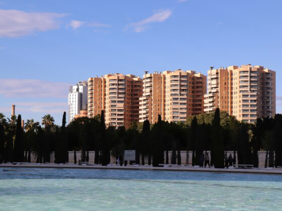 Row of tan apartment buildings behind a line of tall trees, with a pool in the foreground and blue sky above