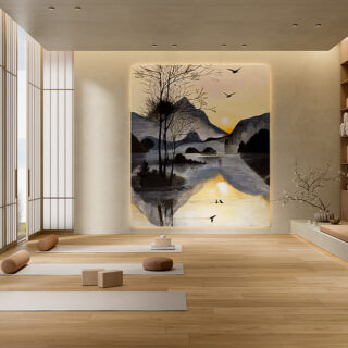 Bright yoga studio with wooden floors, large windows, six mats with blocks and bolsters, and a landscape painting on the back wall.