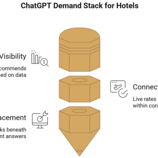 ChatGPT Demand Stack for Hotels: three stacked blocks symbolizing Organic Visibility, Connected Booking, and Paid Placement with icons and captions.