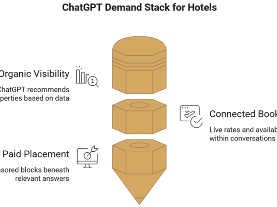 ChatGPT Demand Stack for Hotels: three stacked blocks symbolizing Organic Visibility, Connected Booking, and Paid Placement with icons and captions.