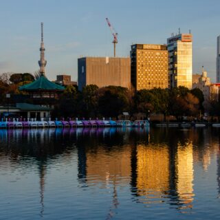 City skyline by a river at sunset with colorful paddle boats in the foreground and a green-roofed temple on the left.