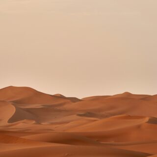 Vast desert with smooth orange sand dunes under a pale sky; a small human figure appears near the bottom right for scale.