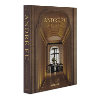 Book cover for a volume on André Fu, with gold title and warm brown architectural motif resembling an interior archway