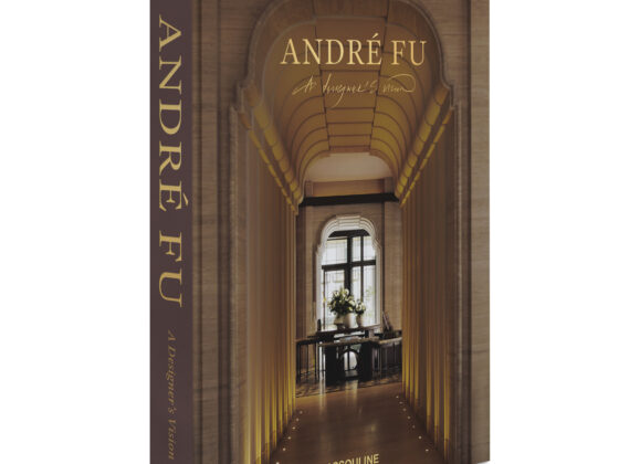 Book cover for a volume on André Fu, with gold title and warm brown architectural motif resembling an interior archway
