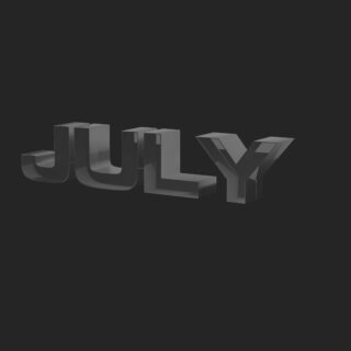 Glossy, three-dimensional word 'JULY' in dark gray on a black background.