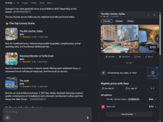 Split-screen: left column shows a list of luxury hotels with brief descriptions and prices (e.g., The Ritz-Carlton, Dallas; Rosewood Mansion on Turtle Creek; The Joule). Right column displays a hotel detail panel for The Ritz-Carlton, Dallas with photo gallery, price tag $753, action buttons (Website, Directions, Save, Share, Call), and the address 2121 McKinney Ave, Dallas, TX 75201 including a nightly price section.