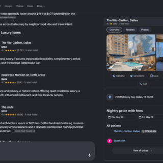Split-screen: left column shows a list of luxury hotels with brief descriptions and prices (e.g., The Ritz-Carlton, Dallas; Rosewood Mansion on Turtle Creek; The Joule). Right column displays a hotel detail panel for The Ritz-Carlton, Dallas with photo gallery, price tag $753, action buttons (Website, Directions, Save, Share, Call), and the address 2121 McKinney Ave, Dallas, TX 75201 including a nightly price section.